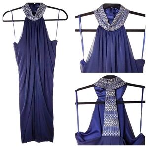 LE CHATEAU NAVY & SILVER EMBROIDERED DRESS SIZE SMALL